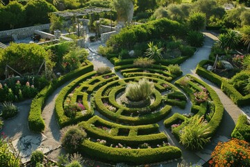 Canvas Print - Aerial view of circular garden with maze, An aerial view of a labyrinth garden, AI generated