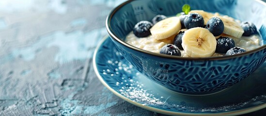 Aufkleber - A rustic country breakfast of oatmeal with banana and blueberries presented in a blue bowl, featuring copy space image.