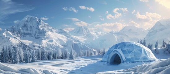 Poster - Mountain winter landscape showing a snow igloo, a shelter for intrepid adventurers, with a picturesque backdrop and copy space image available.