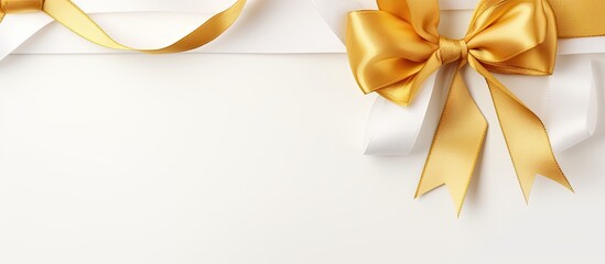 Aufkleber - White background with two gold silk ribbons in different styles, elegantly arranged, finishing in a bright gold bow, creating a picturesque copy space image.