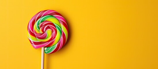 Poster - Colorful lollipop on stick against bright background with copy space image.
