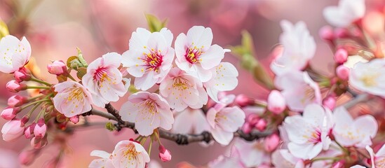 Poster - Close-up of blooming pink and white cherry blossoms on a Japanese cherry tree in spring, with a shallow depth of field creating a scenic copy space image.