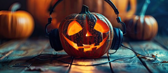 Poster - Jack-o'-lantern wearing headphones and listening to music, with copy space image available for text.