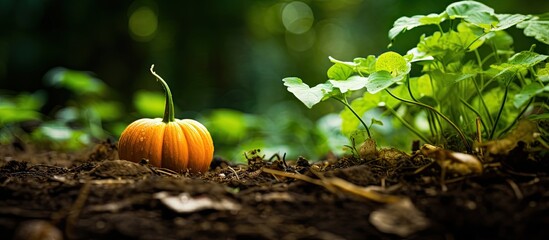 Aufkleber - A young pumpkin is growing outdoors in the garden, surrounded by greenery with copy space image available.