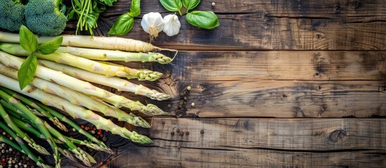 Poster - A wooden table displays summer veggies - white asparagus & green, offering a fresh and healthy look, with room for text in the copy space image.