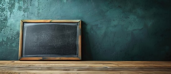 Poster - Black chalkboard on a wooden table with copy space image.
