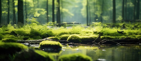 Aufkleber - Scenic view featuring dense green vegetation, moss, and grass in a swamp setting, with a blurred background ideal for a copy space image.