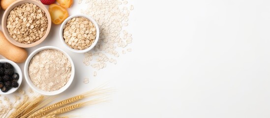 Poster - Top view of raw and vegan oats presented on a white background for a brunch, creating a natural food image with copy space.