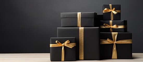 Aufkleber - Assorted black gift boxes of different sizes stacked together, creating a festive Christmas-themed arrangement with empty space for text or graphics