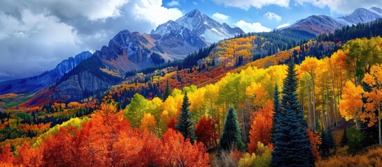 Poster - Autumn leaves blanket a picturesque mountain with vibrant colors, providing an ideal copy space image.