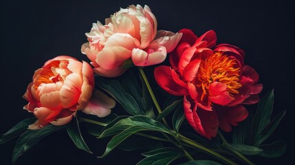 Poster - Composition of bright peonies on a dark background Elegant floral design