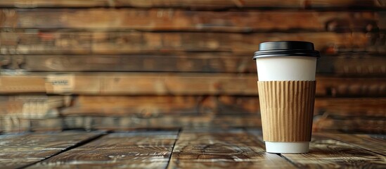 Aufkleber - Coffee to-go cup placed on wooden surface with room for text or advertisement in the background.