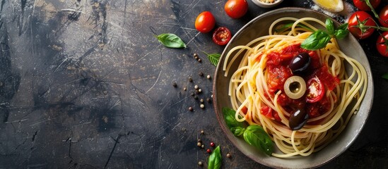 Poster - Italian spaghetti pasta topped with tomato sauce, olives, and cherry tomato, viewed from above with copy space image.