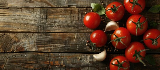 Aufkleber - Fresh tomatoes and garlic arranged on a wooden surface, viewed from above with a copy space image available.