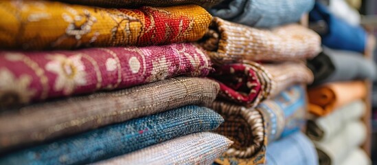 Fototapete - Close-up image displaying various colored cloth and fabric samples at a market stall with copy space image.
