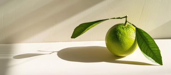 Poster - Design concept with a green raw tangerine isolated on a white backdrop featuring shadows and a soft focus, ideal for copy space image.