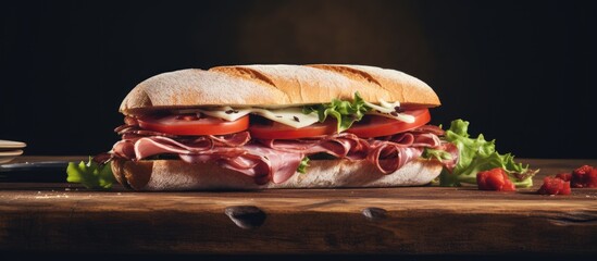 Poster - Rustic background with copy space image showcasing a classic jamon sandwich.