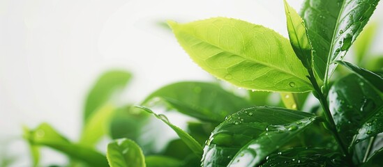 Aufkleber - A close-up image shows vibrant, freshly picked green tea leaves with a white background, emphasizing a food concept, and including copy space for text.