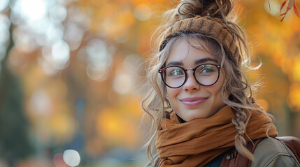 Wall Mural - A woman wearing glasses, a headband, and a scarf smiles as she stands amongst trees with colorful fall foliage