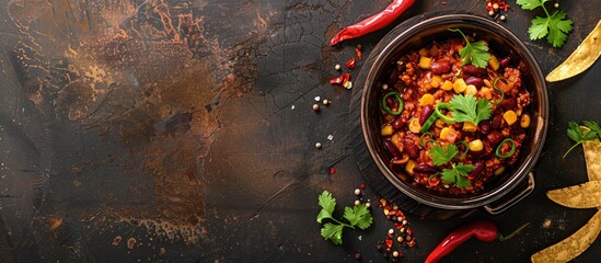 Poster - Top view of a classic Mexican dish, chili con carne, with copy space image.