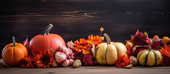 Aufkleber - Thanksgiving and Halloween themed autumn decorations featuring pumpkins, flowers, fall leaves, and a copy space image.