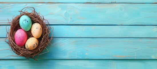 Poster - Colorful Easter egg in a nest on blue pastel color wood background with copy space image.