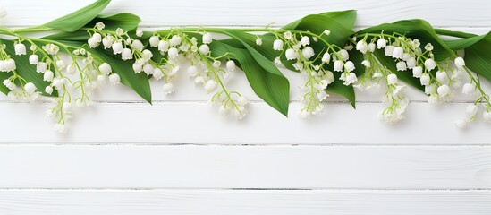 Aufkleber - Top-down view of an exquisite lily of the valley arrangement on a white wooden surface, perfect for adding text in the copy space image.