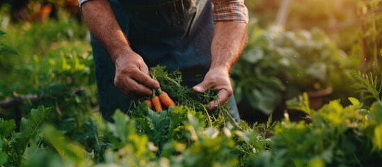 Aufkleber - A man farmer is gathering carrots in a garden with selective focus, presenting an image with copy space.