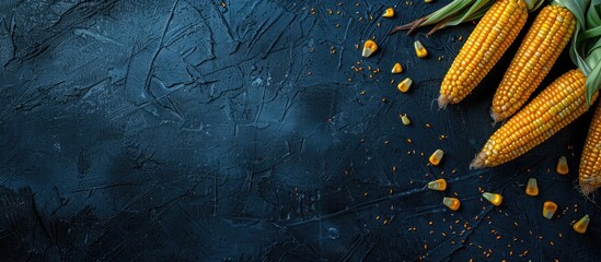 Poster - Dark background showcasing raw corn or maize, reflecting the harvest food concept, positioned from a top viewpoint in a flat lay style with ample copy space image.