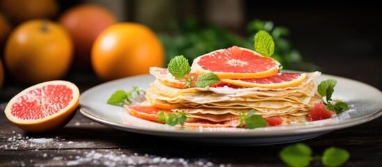 Sticker - Delicious citrus crepes with grapefruit, a refreshing and healthy meal displayed on a rustic table with a food background providing ample copy space image.