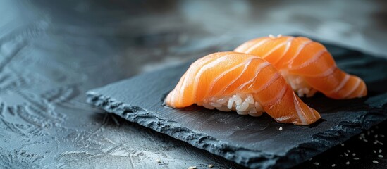 Poster - Japanese food - salmon sushi with a copy space image.