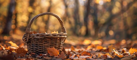 Poster - Autumn forest setting with a blurred background, featuring a lovely wooden woven basket in the foreground, ideal for copy space image.
