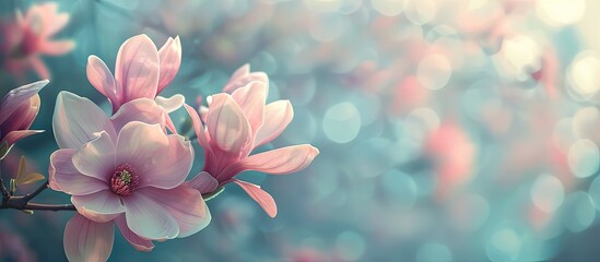 Sticker - Beautiful blooming Magnolia Susan flowers with large pink petals in a spring garden setting. Selective focus enhances the nature theme of the copy space image.