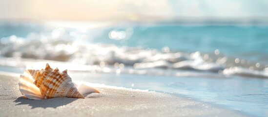 Aufkleber - A seashell resting on the sandy beach with a tranquil ocean backdrop in a serene setting, ideal for a minimalist copy space image.