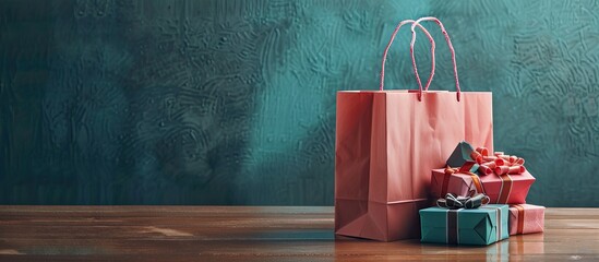 Aufkleber - A table displays a paper shopping bag with handles brimming with gift boxes, serving as a mock-up for design with copy space image.