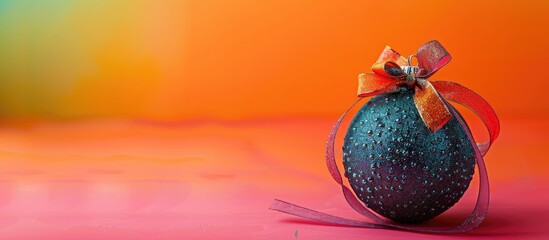 Poster - A decorative Christmas ball with a ribbon bow on a colorful background, presenting a copy space image.