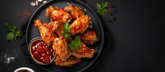 Poster - Top view of spicy chicken wings with ketchup on a dark plate against a slate or concrete background, ideal for copy space image.