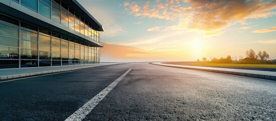 Aufkleber - Modern business office building next to an empty road with ample copy space image.