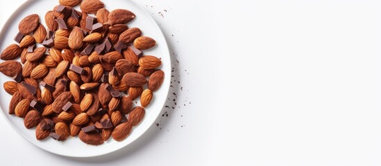 Poster - Top view of chocolate almond thin chips on a plate against a white background with copy space image.