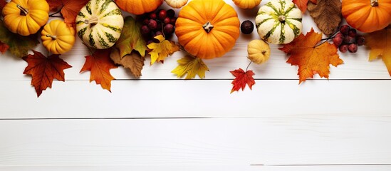 Aufkleber - A festive fall arrangement featuring pumpkins, berries, and leaves on a white wooden backdrop, embodying themes of Thanksgiving and Halloween with a flat lay style, including ample copy space image.