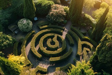 Canvas Print - An aerial view of a labyrinth garden, AI generated