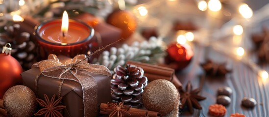 Aufkleber - A cozy winter scene featuring a burning candle, Christmas gifts, cinnamon, brunch, and candy, with a festive ambiance and copy space image.