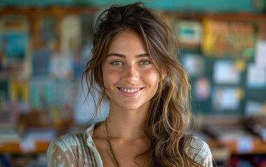 Wall Mural - A woman with long brown hair and a necklace is smiling. She is wearing a white shirt and she is happy