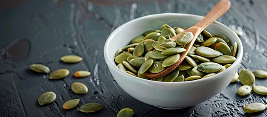 Poster - Close-up of pumpkin seeds in a white bowl with a wooden spoon on a black wooden background, with ample copy space image.