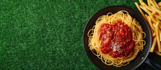 Poster - An image showing spaghetti with pork tomato sauce and French fries on a pan placed on artificial grass, ideal as a menu background with space for text.