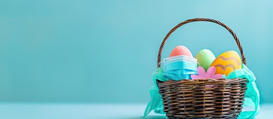 Aufkleber - Minimal concept Easter with a basket containing colorful eggs, one having a protective mask, set against a light background, with a modern touch and blue hues, ideal for a copy space image.