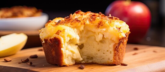 Poster - Close up of a piece of Maasdam cheese and apple muffin, a fresh homemade cake showcasing a healthy breakfast concept with a copy space image.