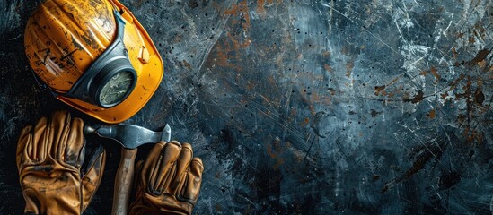 Aufkleber - Construction concept portrayed with a hard hat, claw hammer, and leather working gloves on a scratched metallic surface with copy space image.