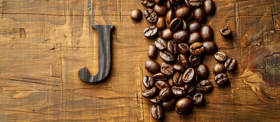 Aufkleber - Coffee beans placed on a wooden table forming the letter J with a background ideal for copy space image.