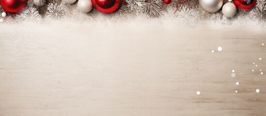 Poster - Christmas border with red and silver balls, snowflakes on rustic beige background, and pen with copy space image.